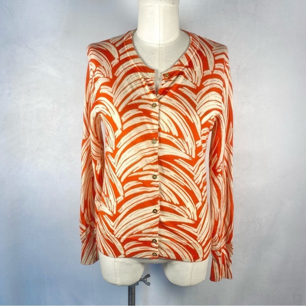 J Crew Jackie Cardigan Sweater Palm Print Gold Buttons Size M F8269 Merino Wool